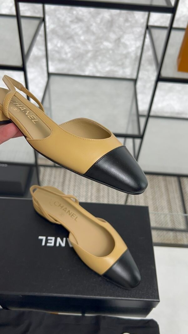 Chanel Goatskin Grosgrain Cap Toe CC Slingback Sandals Beige Black