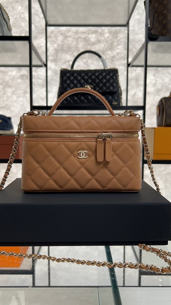 Chanel Top Handle Long Vanity Dark Brown Caviar Light Gold