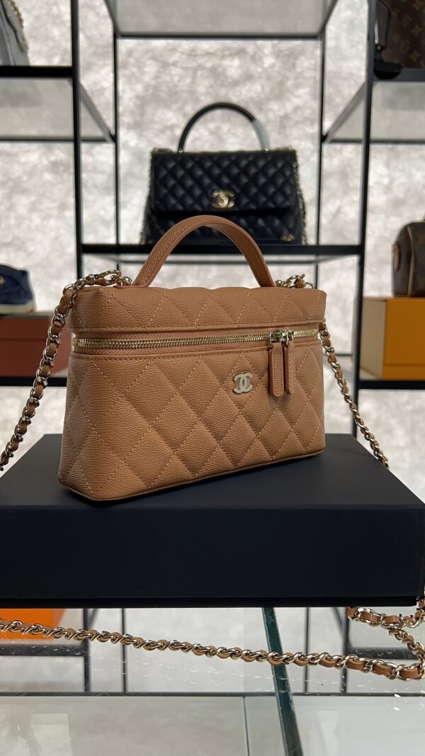 Chanel Top Handle Long Vanity Dark Brown Caviar Light Gold