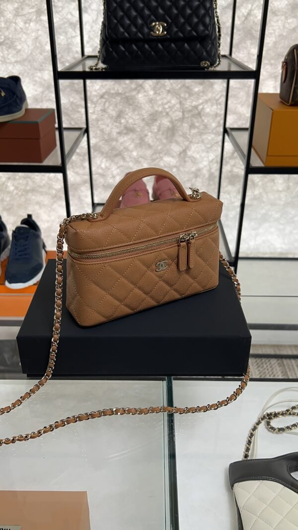 Chanel Top Handle Long Vanity Dark Brown Caviar Light Gold