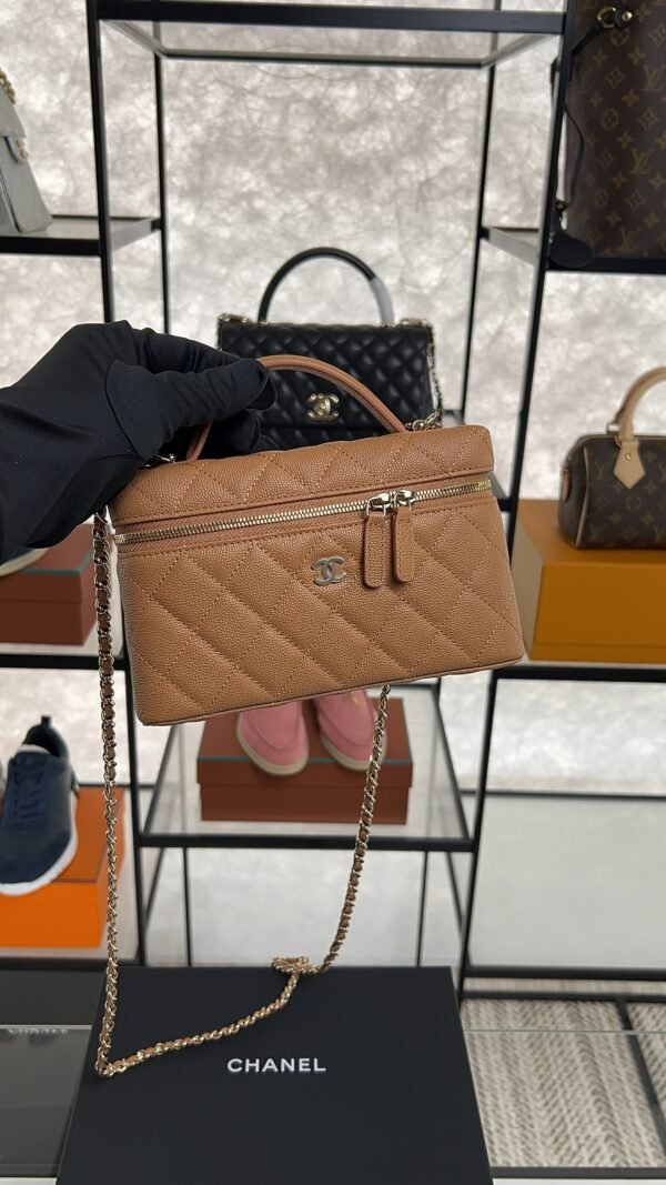 Chanel Top Handle Long Vanity Dark Brown Caviar Light Gold