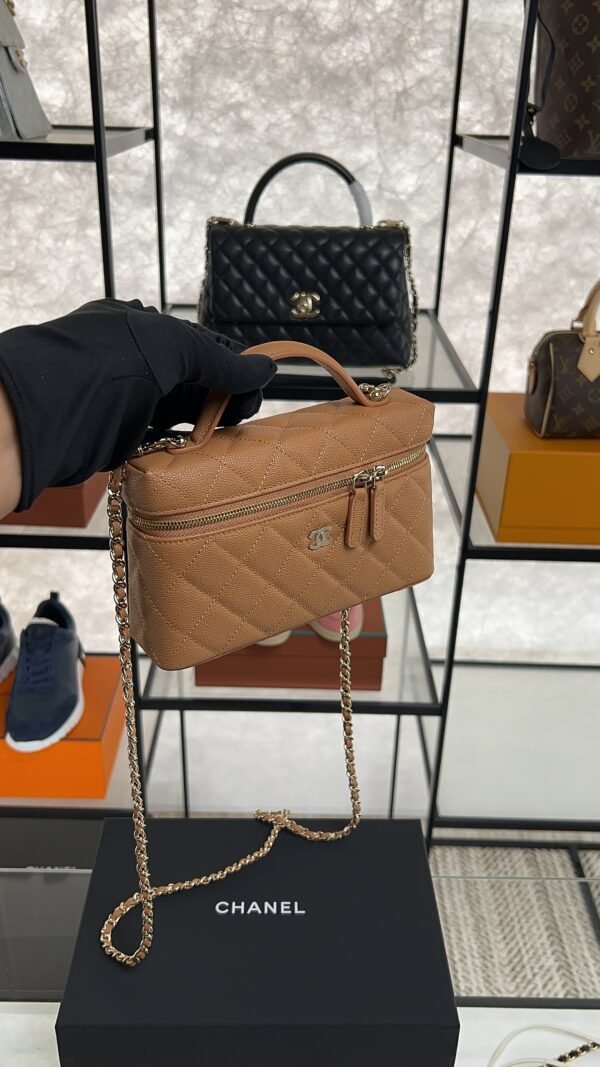 Chanel Top Handle Long Vanity Dark Brown Caviar Light Gold