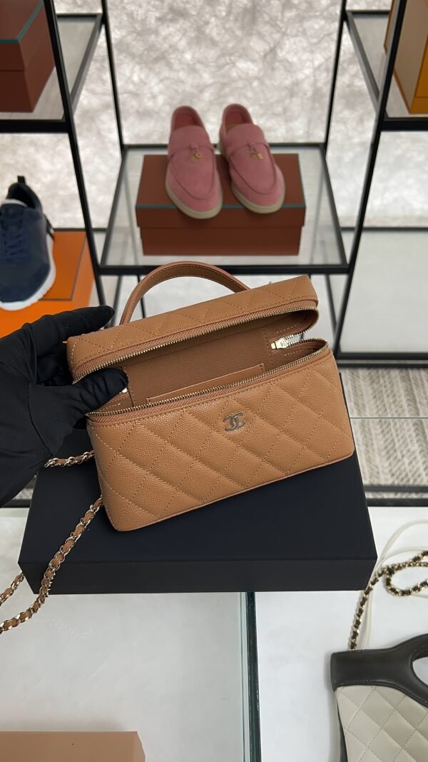 Chanel Top Handle Long Vanity Dark Brown Caviar Light Gold