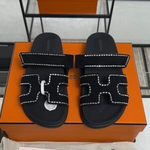 HERMÈS Suede Crystal Womens Chypre Sandals  Black