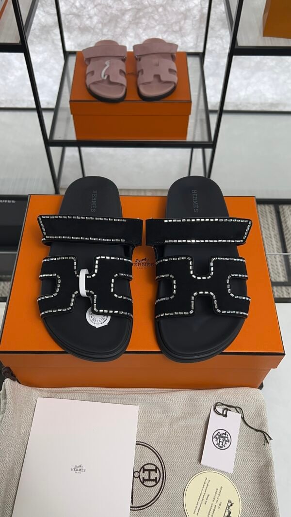 HERMÈS Suede Crystal Womens Chypre Sandals  Black