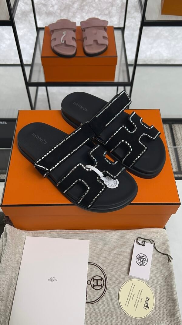 HERMÈS Suede Crystal Womens Chypre Sandals  Black