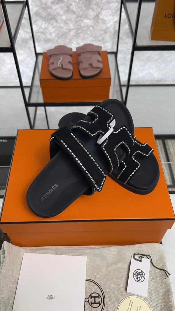 HERMÈS Suede Crystal Womens Chypre Sandals  Black