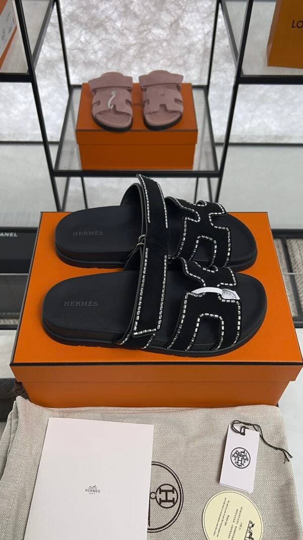 HERMÈS Suede Crystal Womens Chypre Sandals  Black