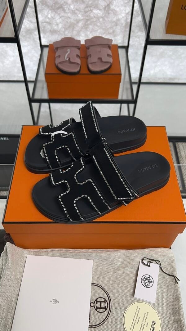 HERMÈS Suede Crystal Womens Chypre Sandals  Black