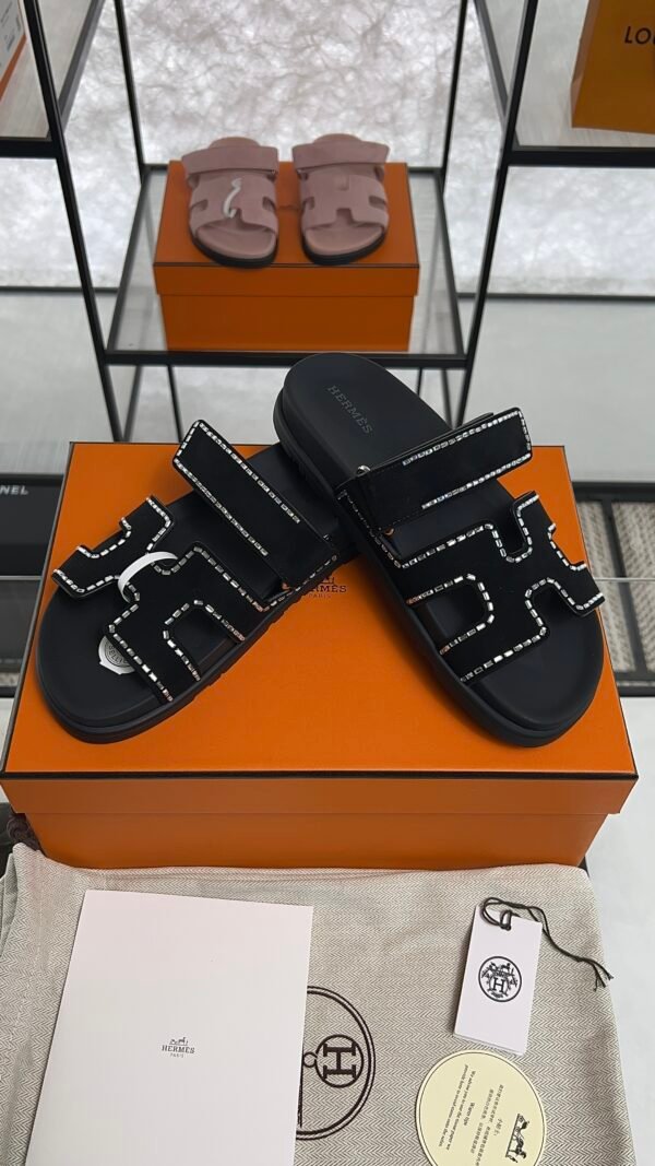 HERMÈS Suede Crystal Womens Chypre Sandals  Black