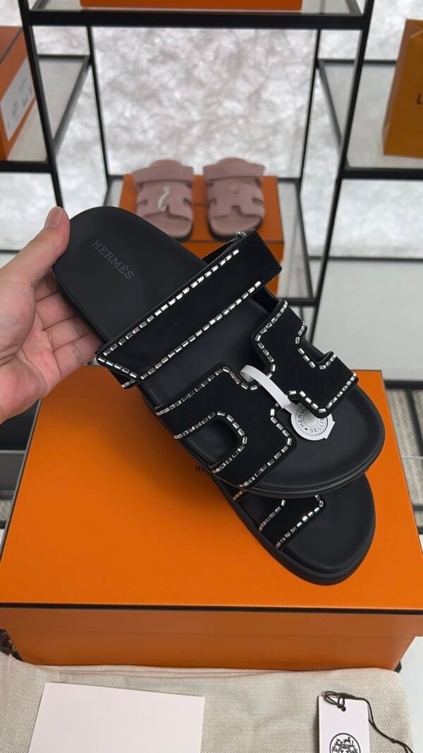 HERMÈS Suede Crystal Womens Chypre Sandals  Black
