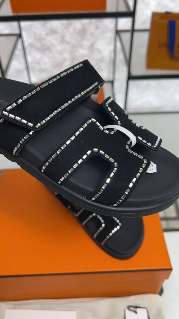 HERMÈS Suede Crystal Womens Chypre Sandals  Black
