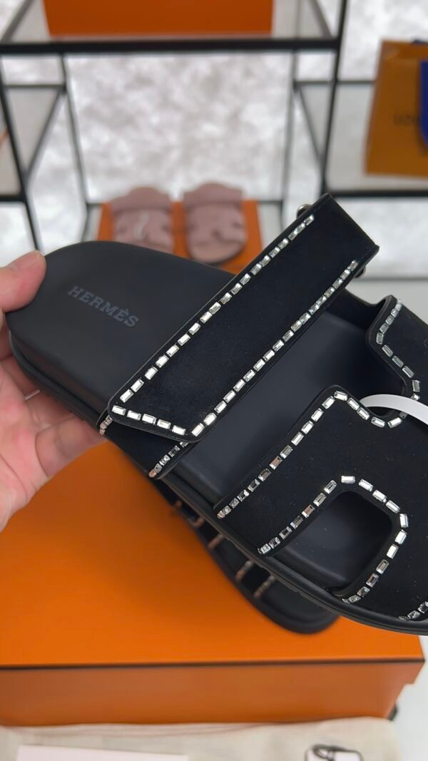 HERMÈS Suede Crystal Womens Chypre Sandals  Black