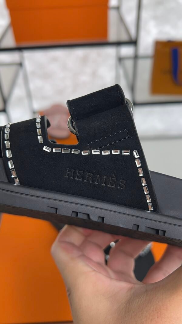 HERMÈS Suede Crystal Womens Chypre Sandals  Black
