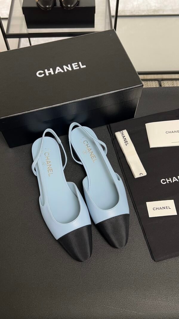 Chanel Lambskin Grosgrain Cap Toe CC Slingback Pumps Light Blue