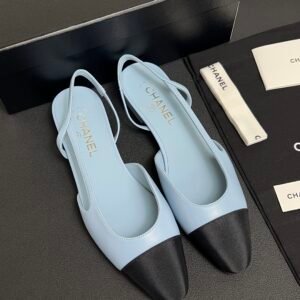 Chanel Lambskin Grosgrain Cap Toe CC Slingback Pumps Light Blue