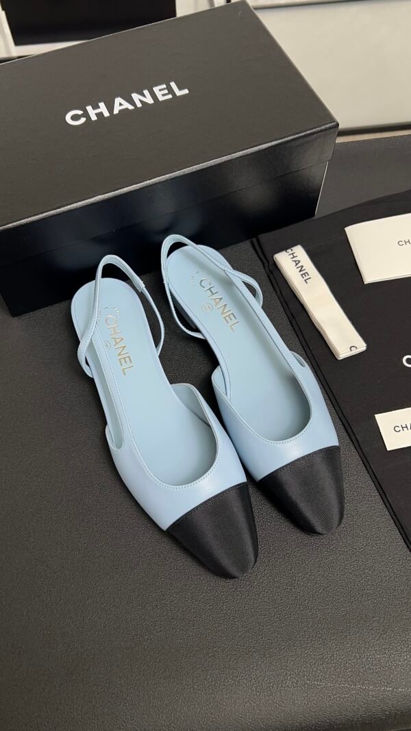 Chanel Lambskin Grosgrain Cap Toe CC Slingback Pumps Light Blue