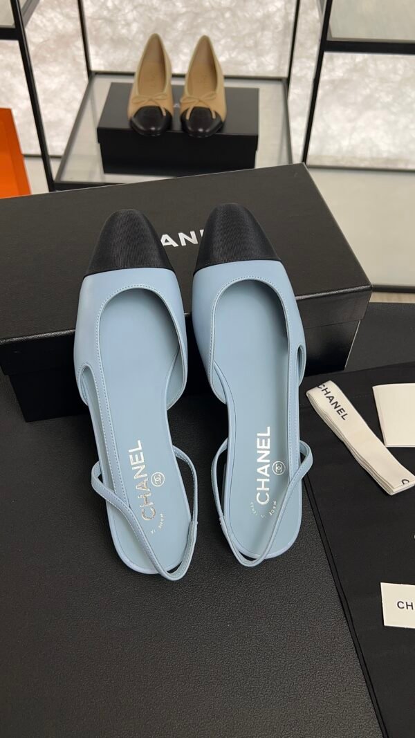 Chanel Lambskin Grosgrain Cap Toe CC Slingback Pumps Light Blue