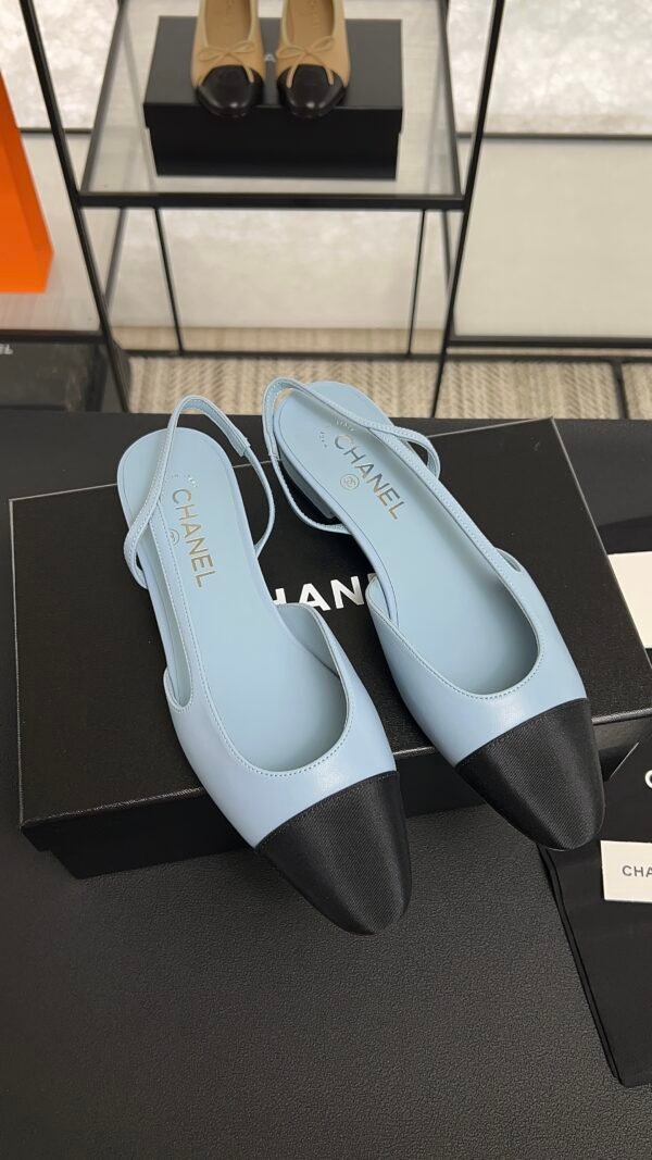 Chanel Lambskin Grosgrain Cap Toe CC Slingback Pumps Light Blue