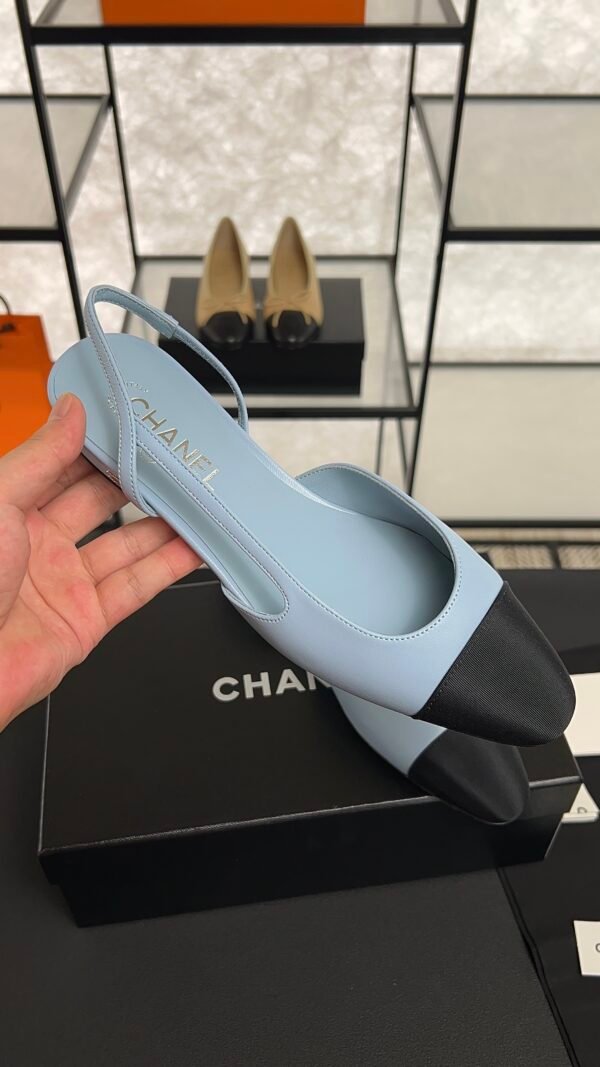 Chanel Lambskin Grosgrain Cap Toe CC Slingback Pumps Light Blue