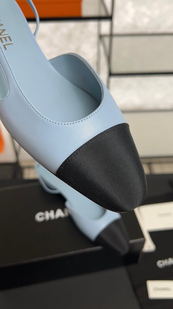 Chanel Lambskin Grosgrain Cap Toe CC Slingback Pumps Light Blue