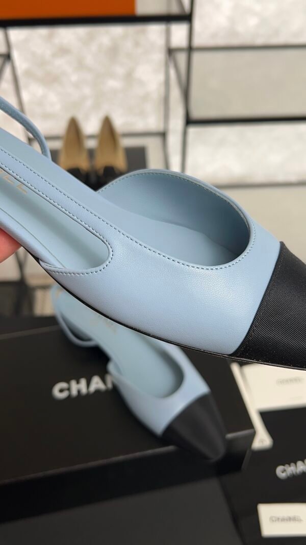Chanel Lambskin Grosgrain Cap Toe CC Slingback Pumps Light Blue